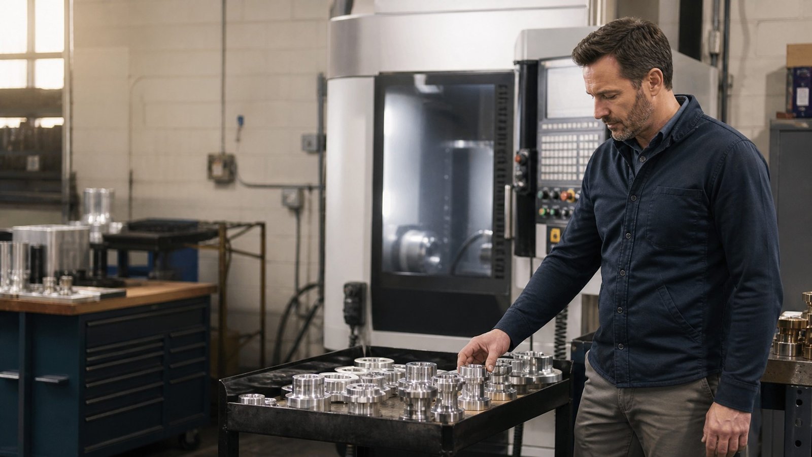 Manufacturing business owner reviewing CNC machinery in a workshop