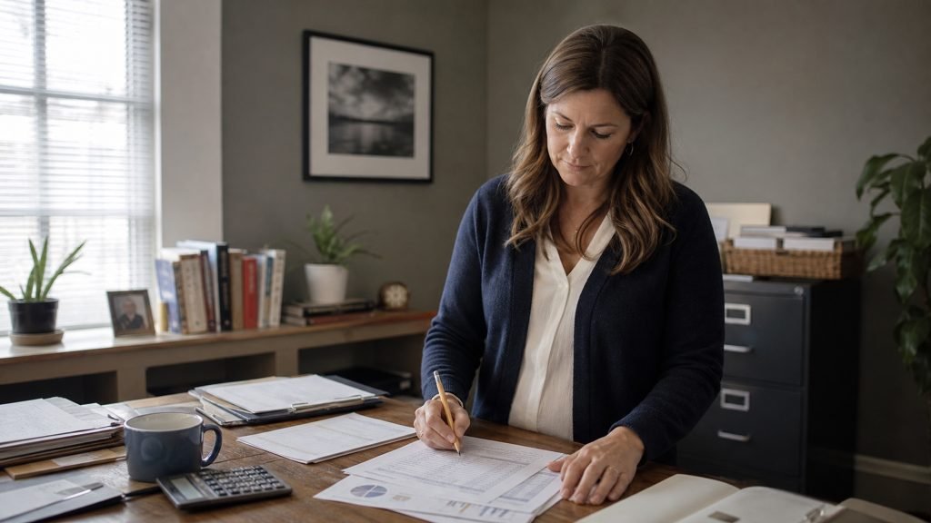 Accounting firm owner reviewing financial documents