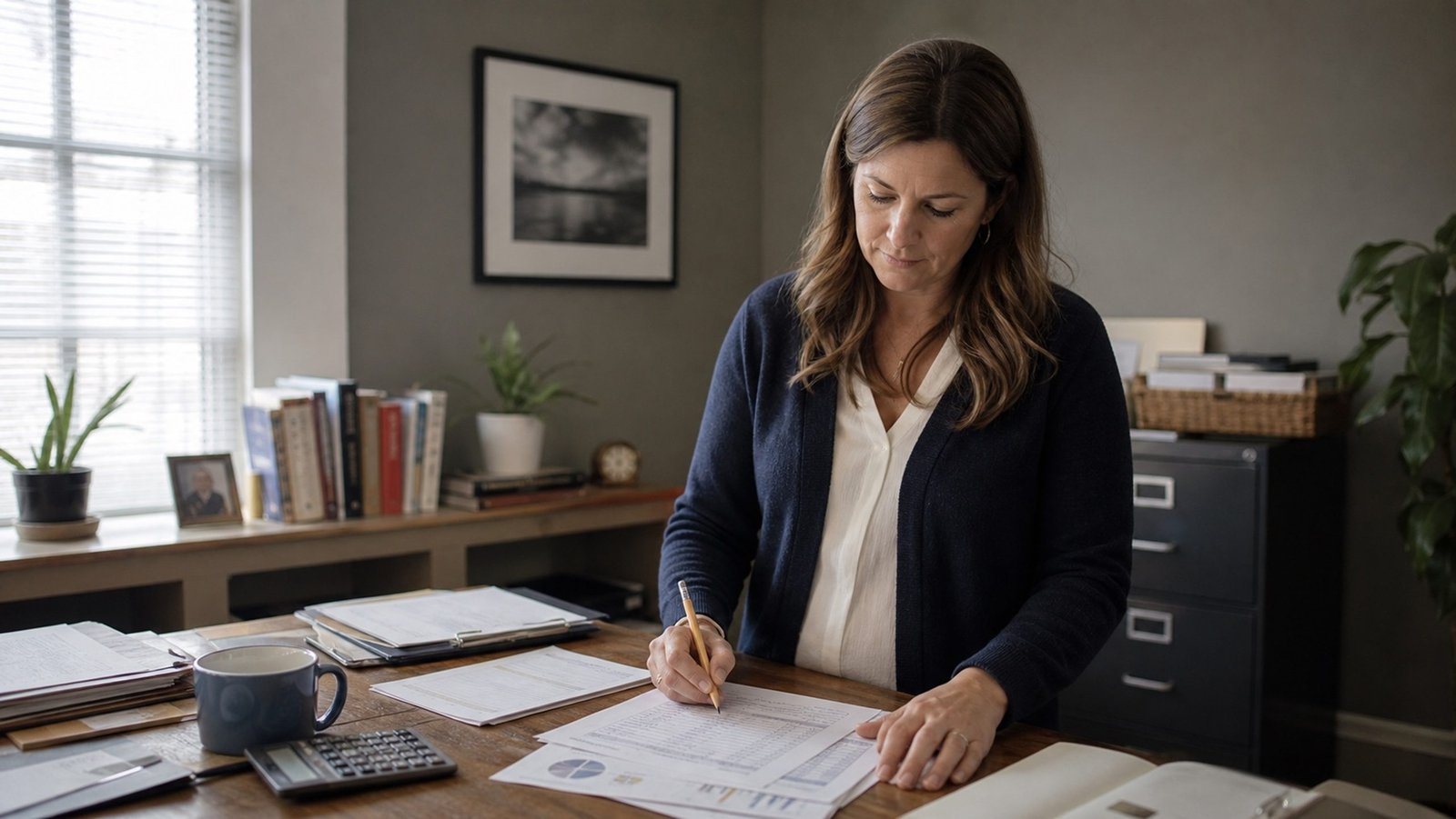 Accounting firm owner reviewing financial documents