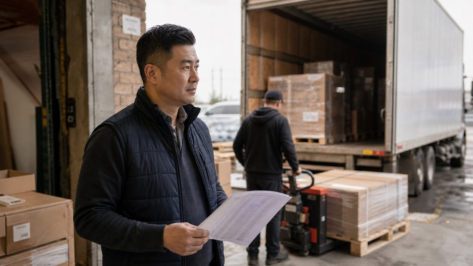 Logistics company owner reviewing paperwork in a warehouse