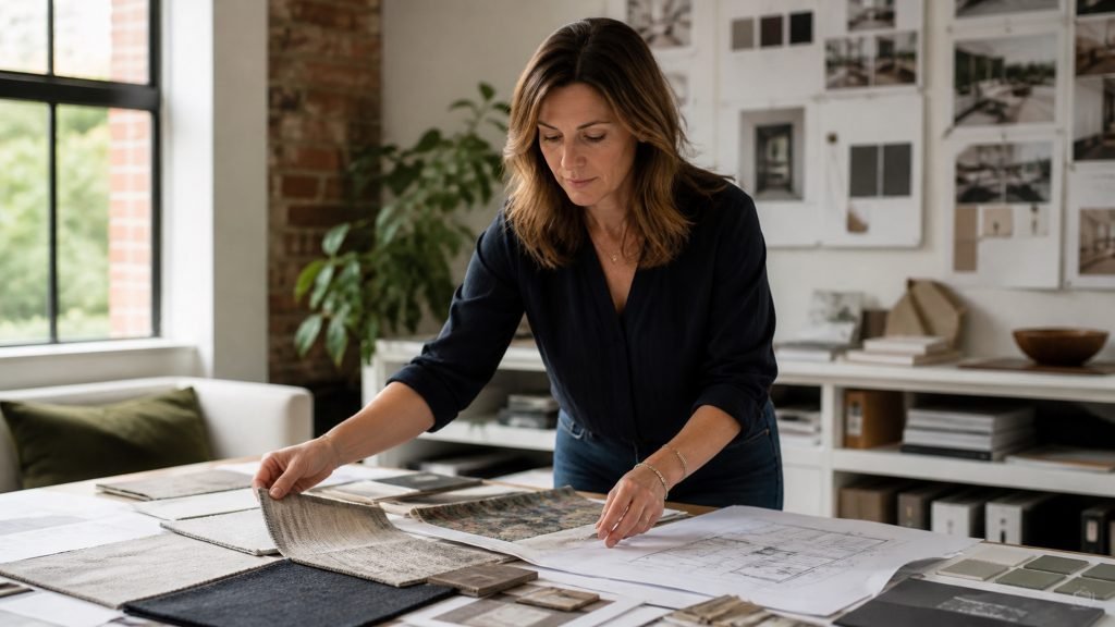 Interior design business owner reviewing design plans