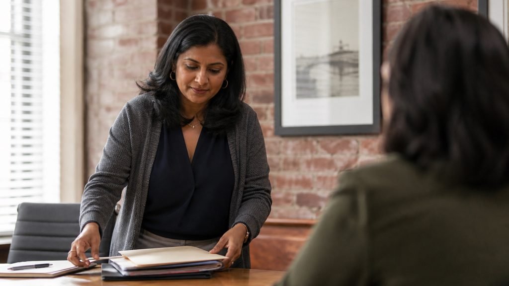 Business services owner meeting with a client