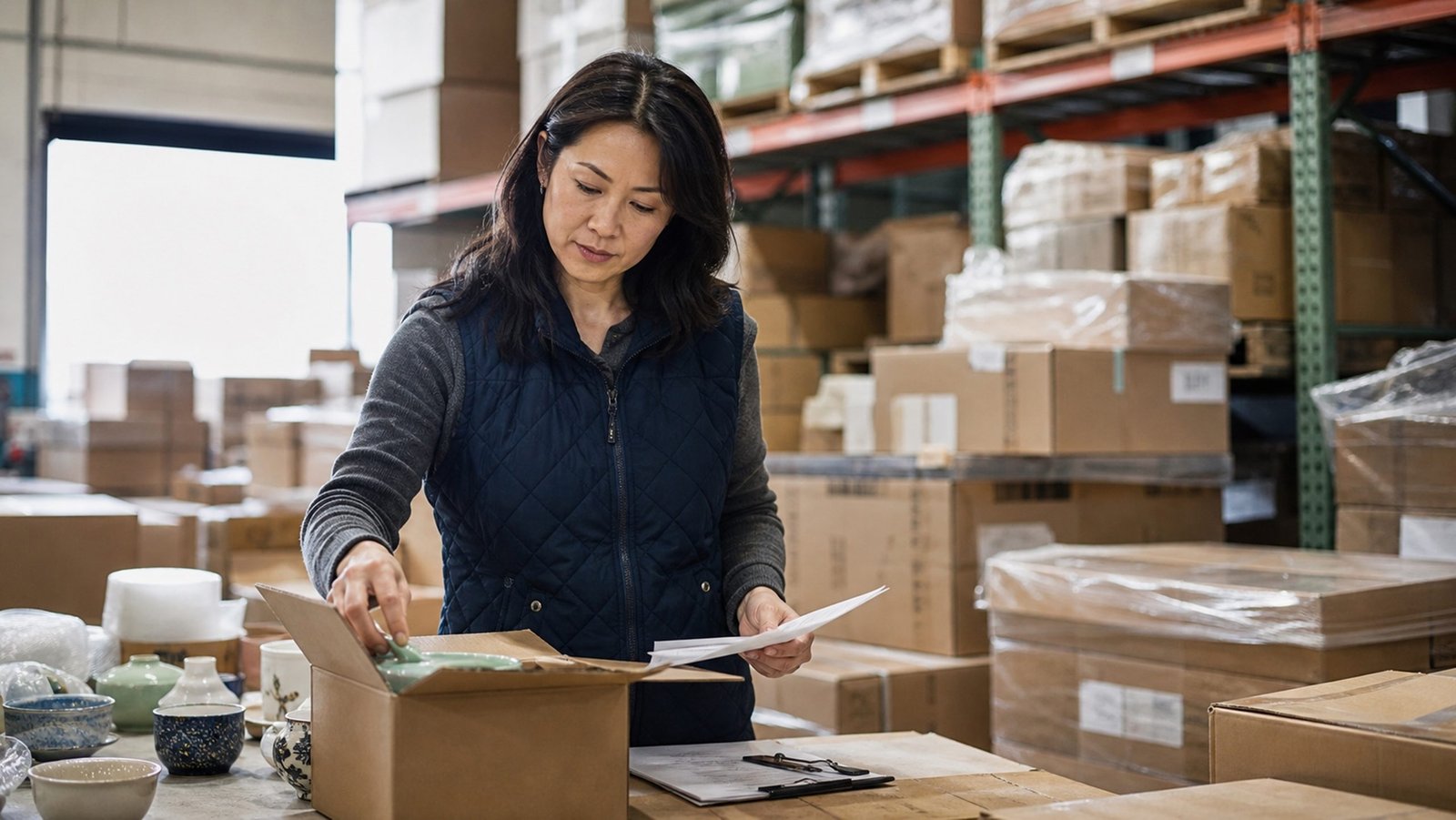 Import and distribution business owner in a warehouse