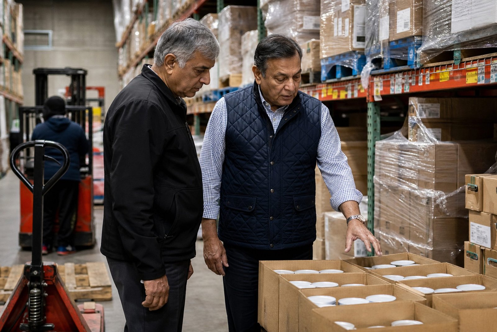 Two men reviewing boxed inventory in a workshop