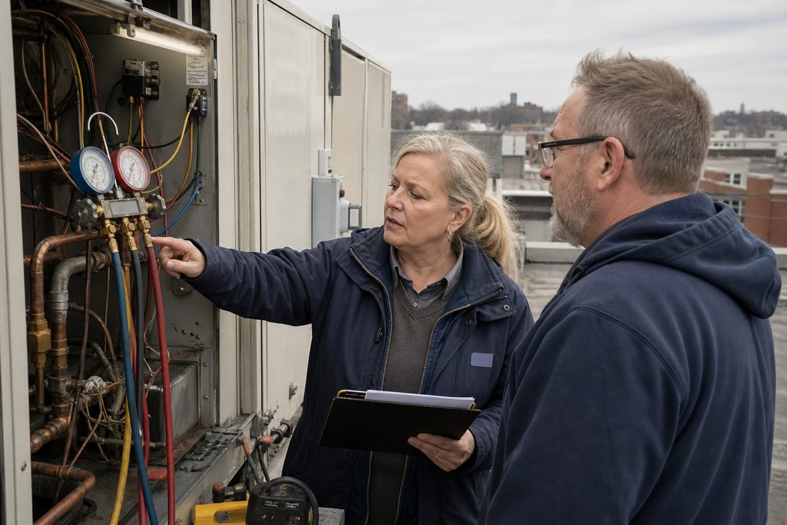 Woman inspecting outdoor equipment with a man