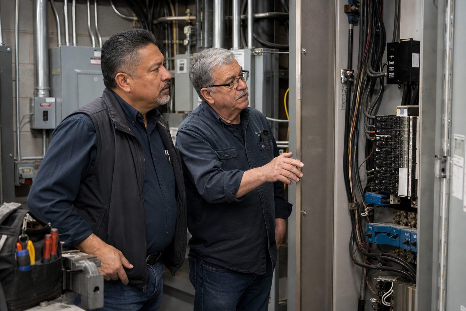 Two men inspecting electrical equipment