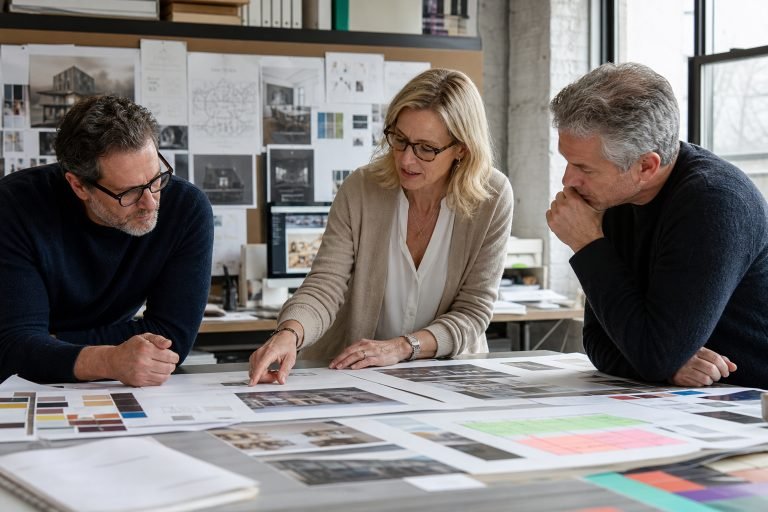 Three people reviewing printed plans at an office table