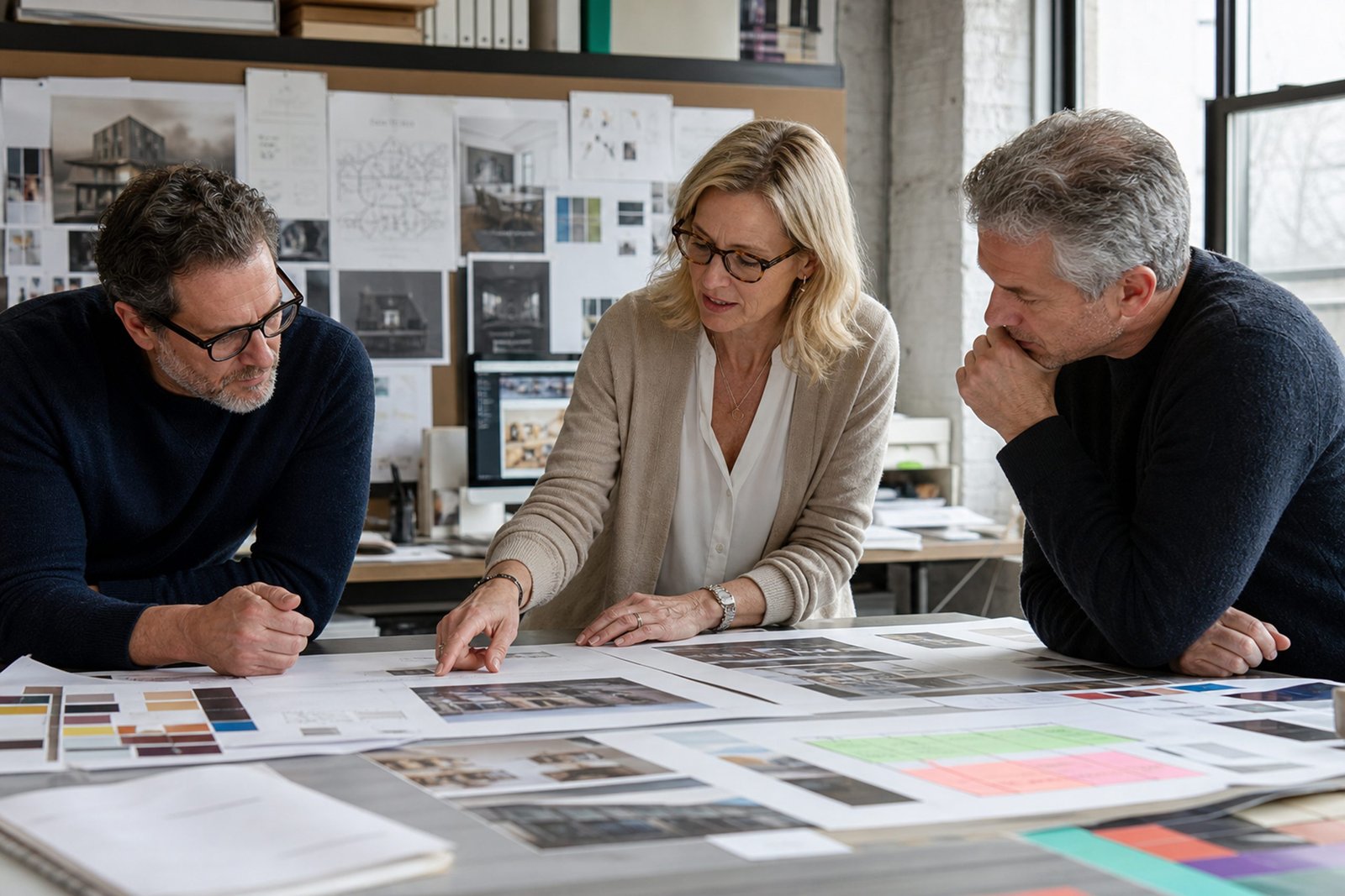 Three people reviewing printed plans at an office table