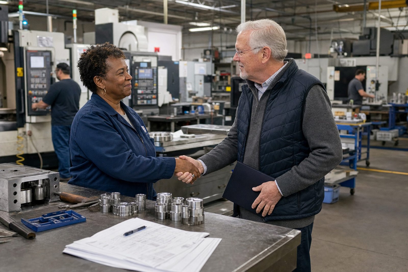 Woman and man shaking hands in a manufacturing facility