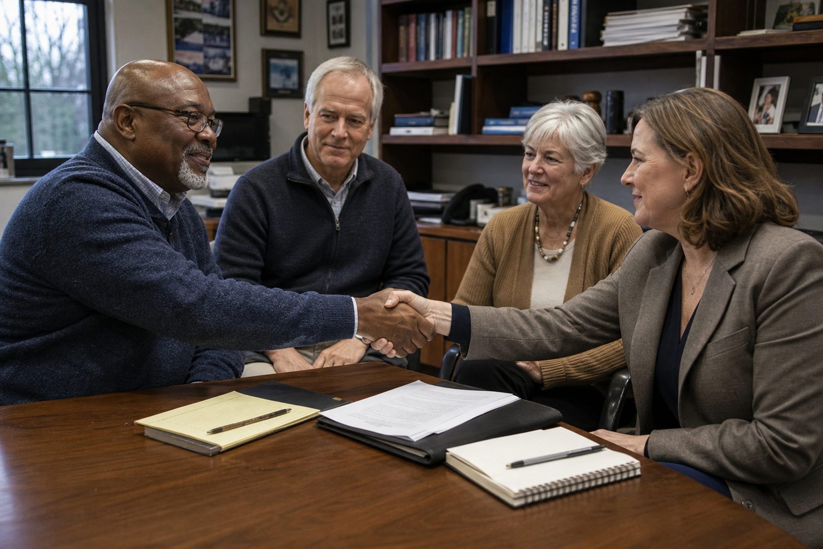 Four people shaking hands at a meeting table