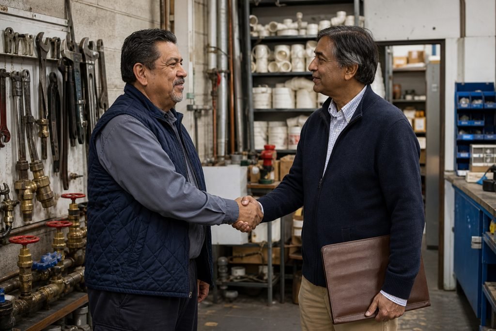 Two men shaking hands in a workshop