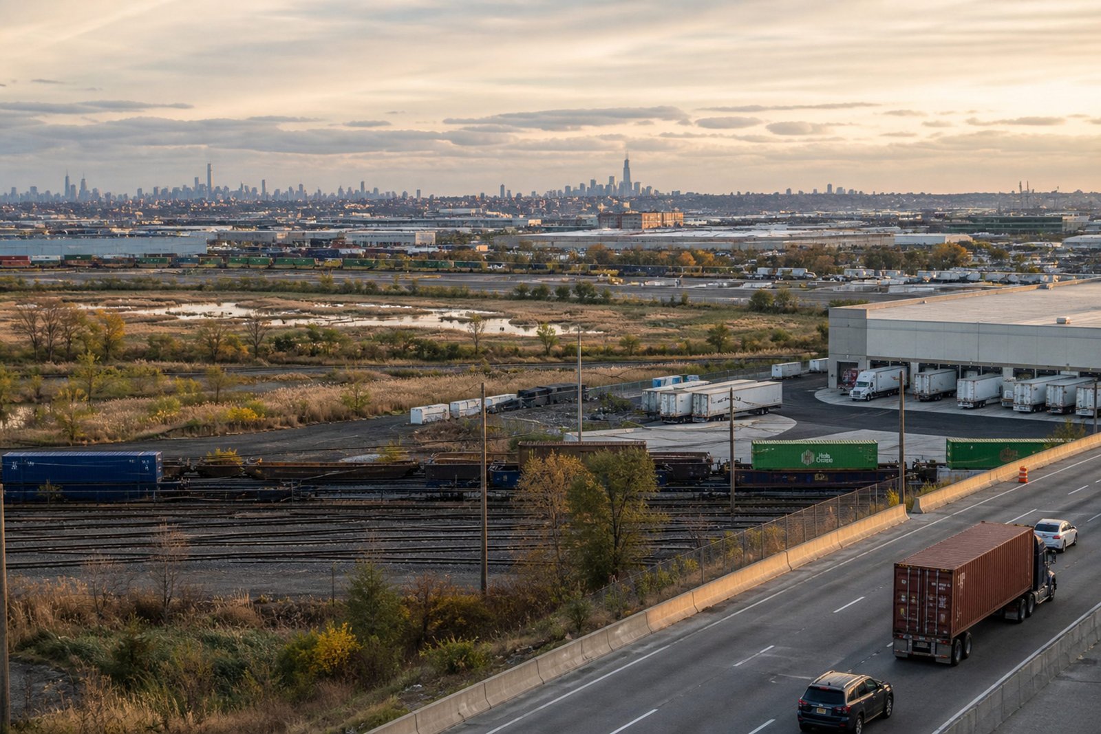 Aerial view of an industrial area and city skyline