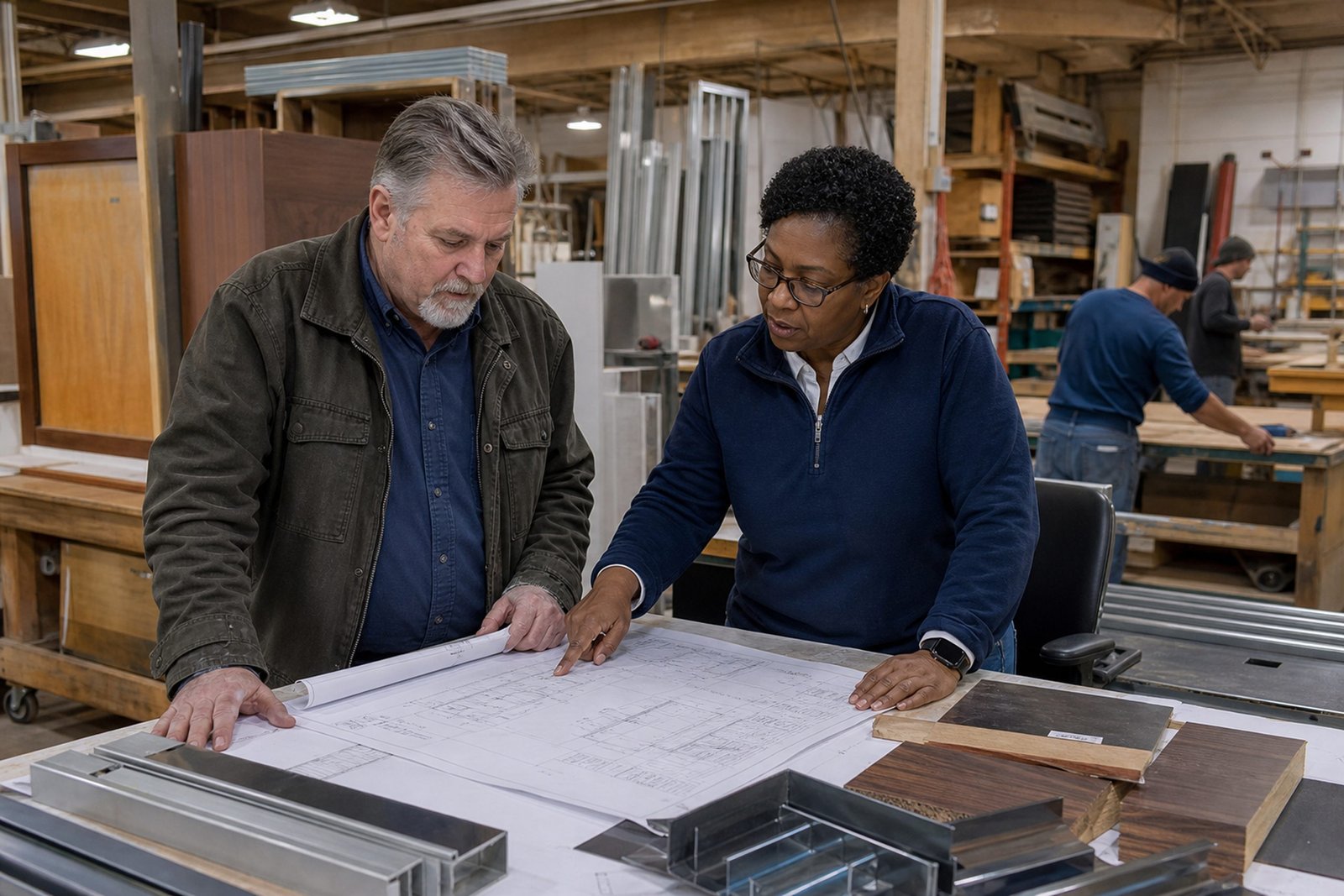 Two people reviewing plans in a workshop