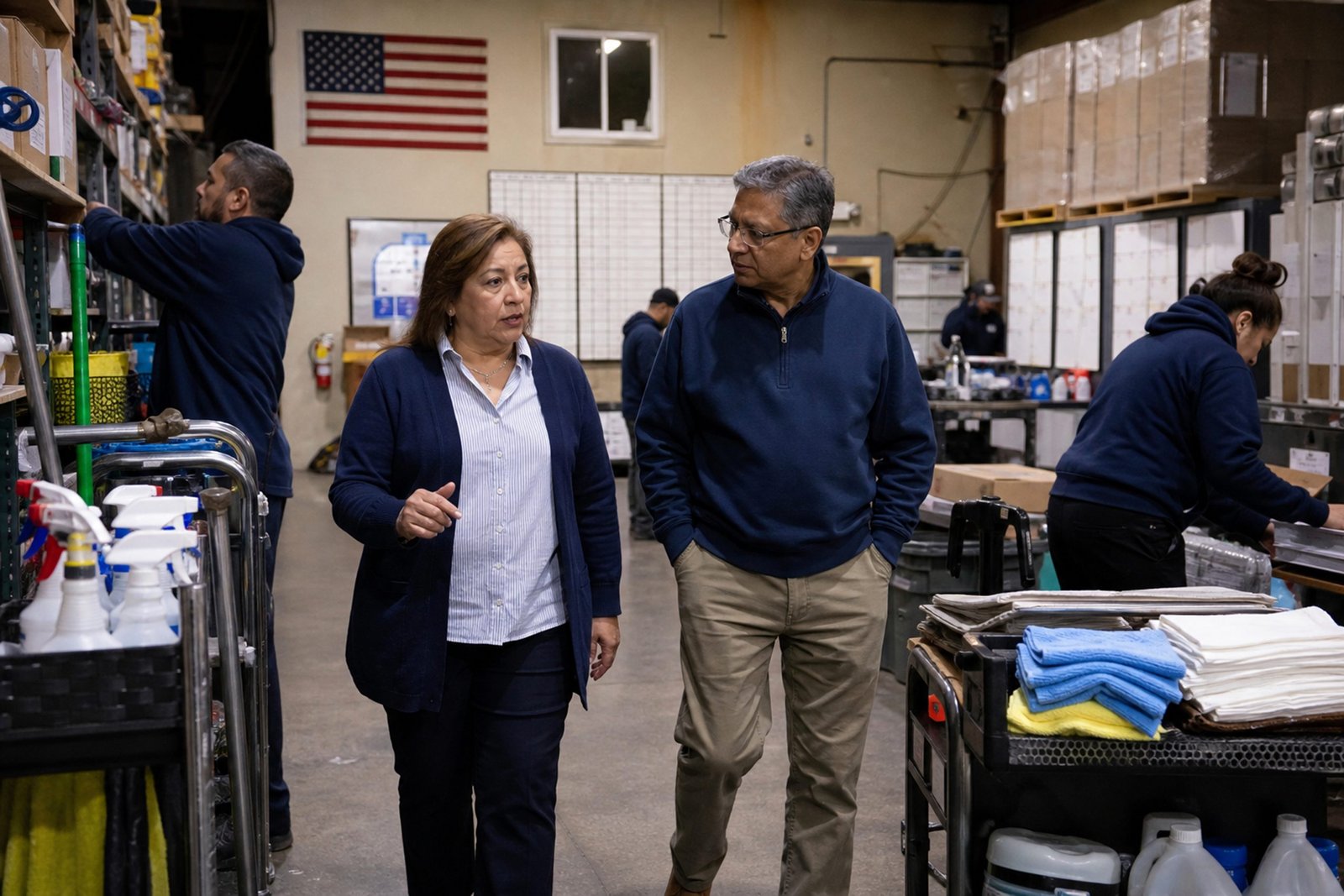 Two people walking through a workshop