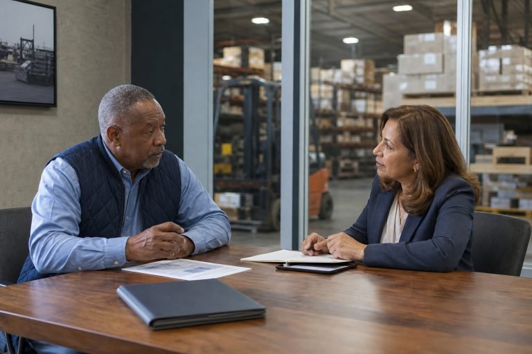 Man and woman talking at a meeting table