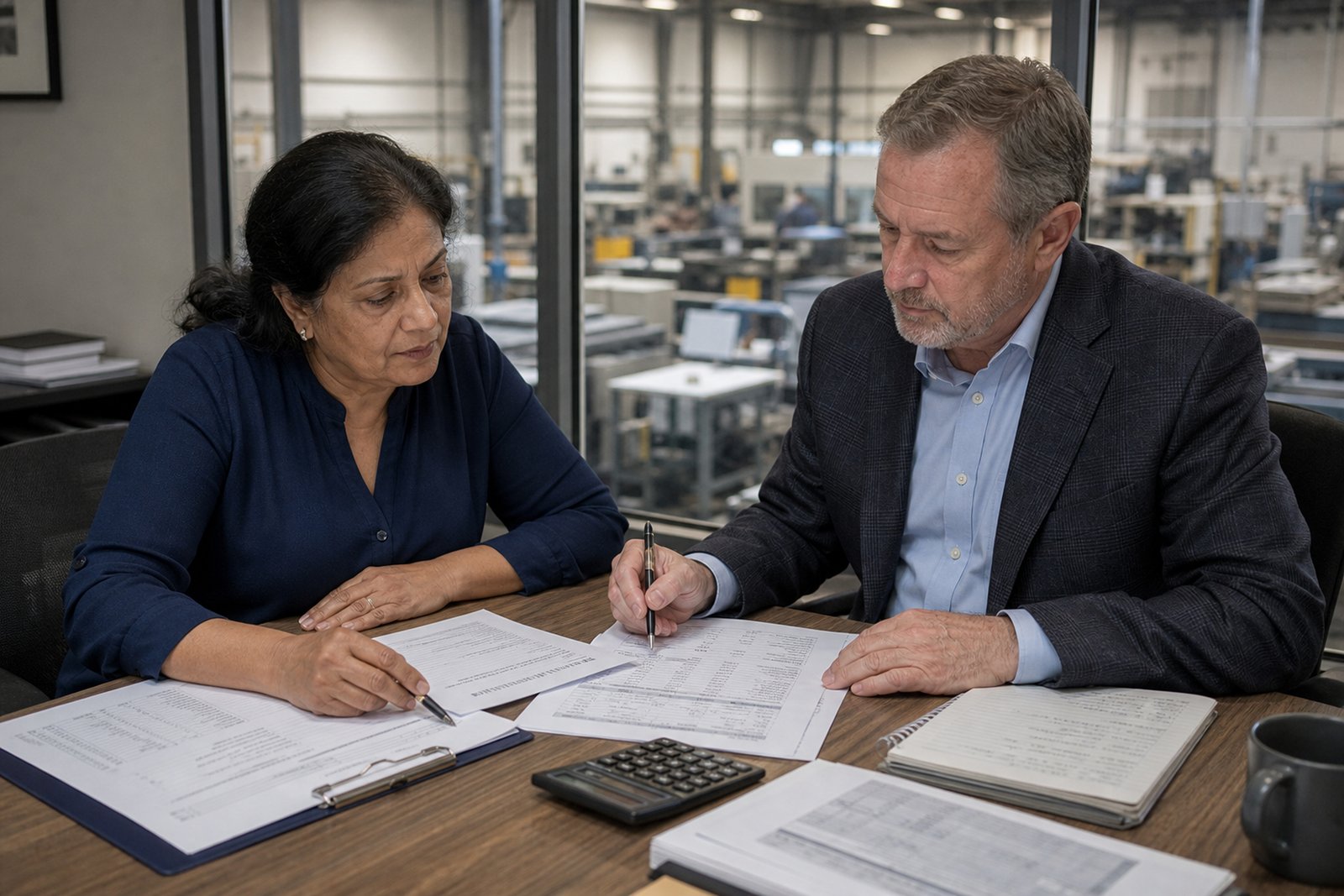 Two people reviewing financial documents and a calculator