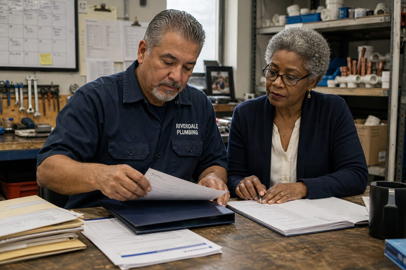 Two people reviewing documents in a workshop