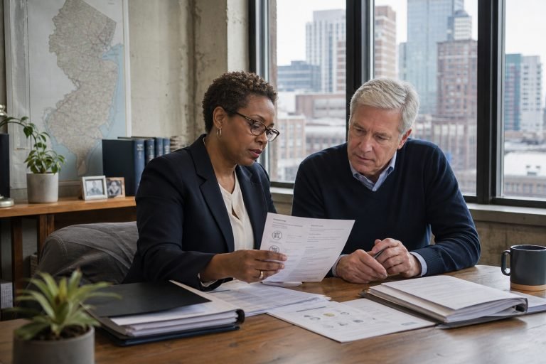 Two people reviewing paperwork at an office desk