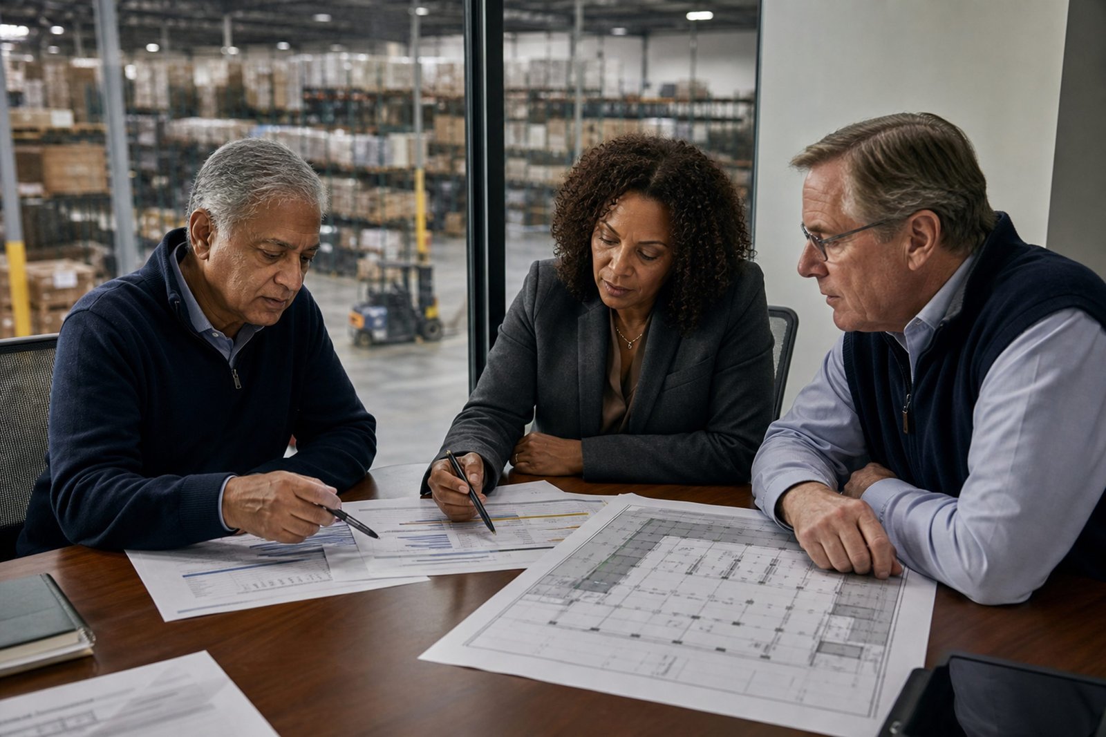 Three people reviewing plans at a meeting table