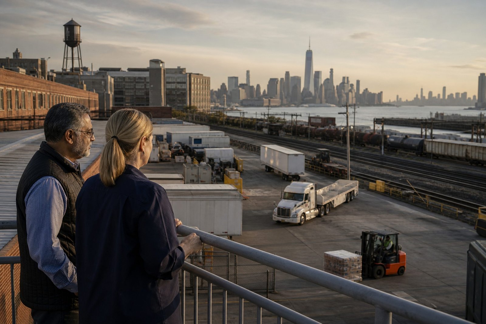 Two people overlooking an industrial area and city skyline