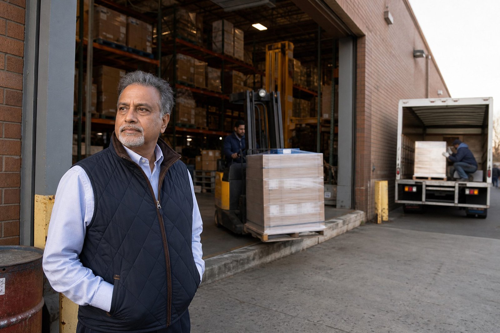 Man standing beside a warehouse loading dock