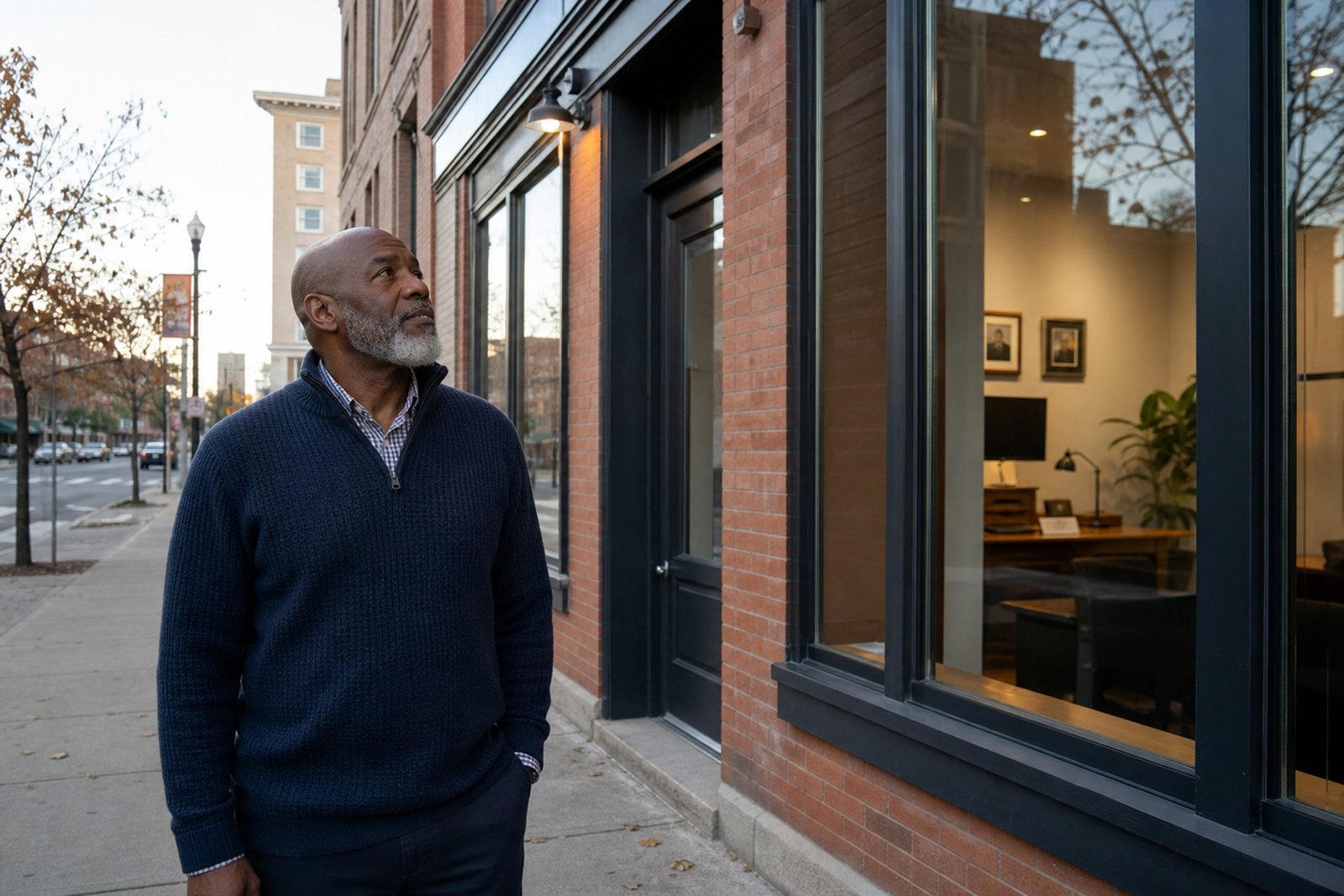 Man looking up at a storefront