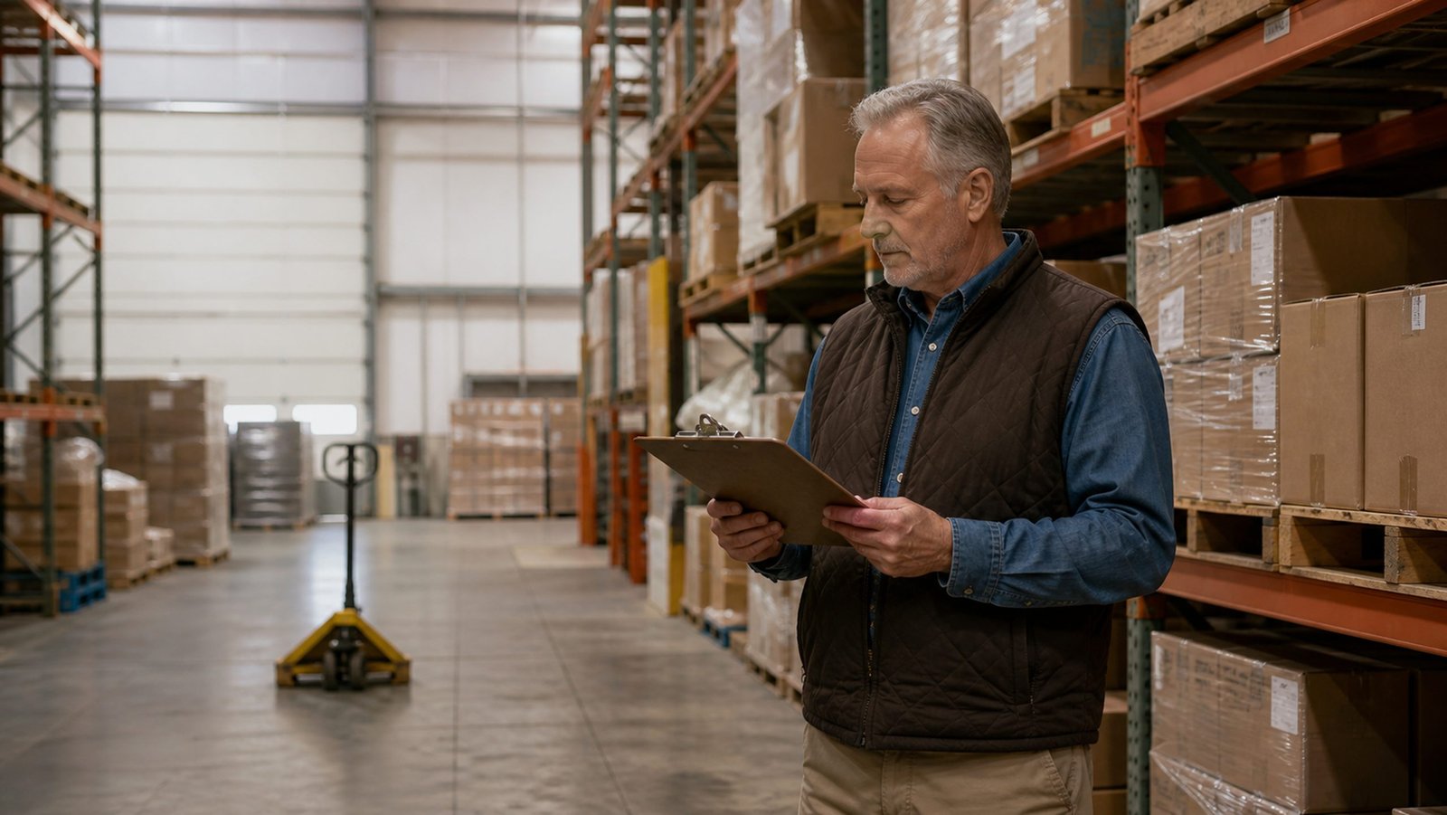 Man reading a clipboard in a warehouse aisle