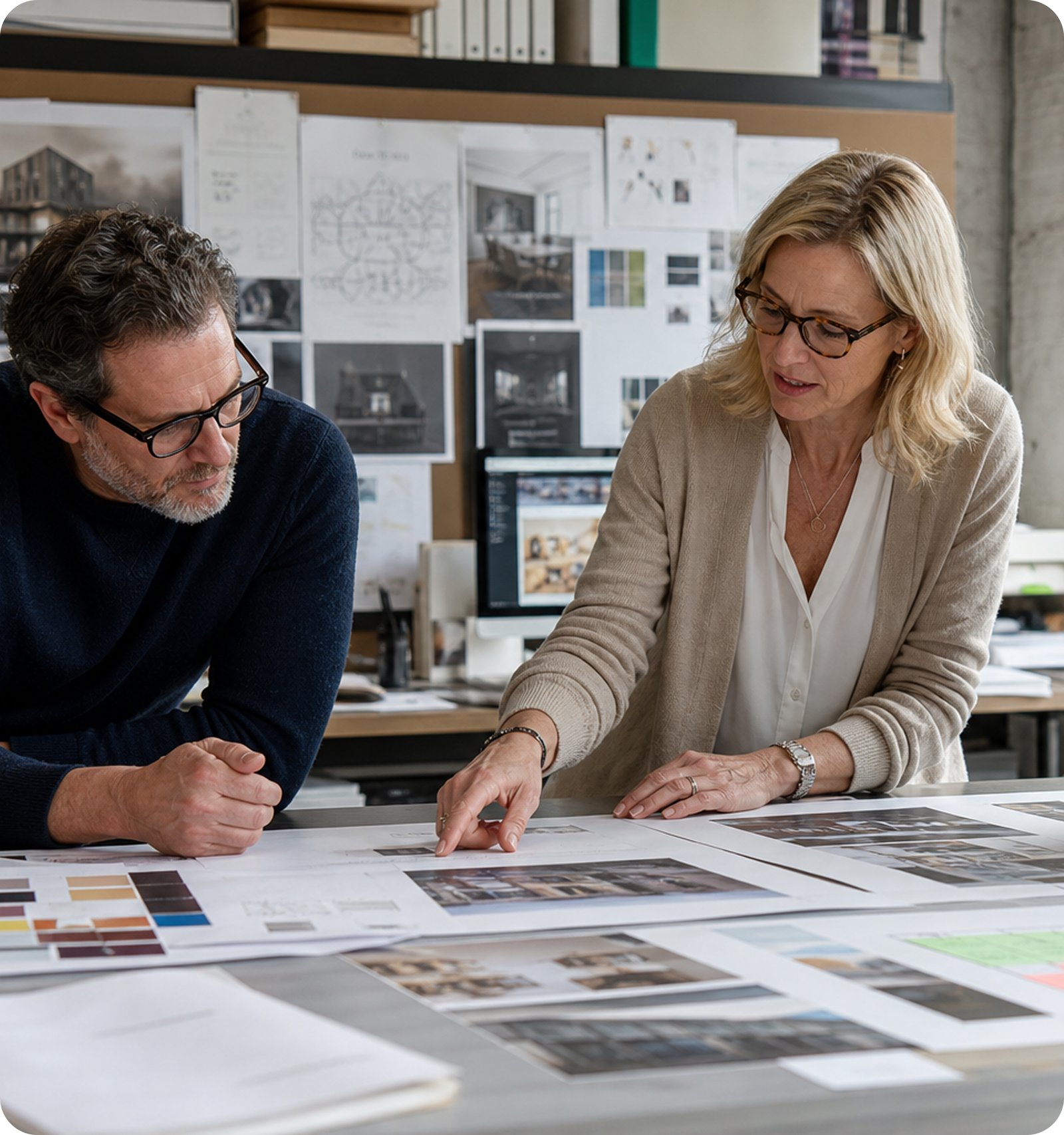Two people reviewing printed plans at an office table