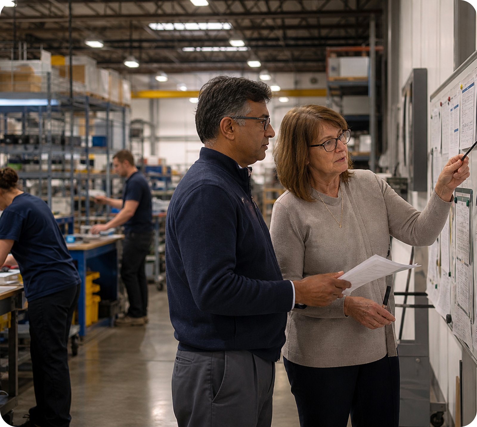 Two people reviewing a design plan in a warehouse