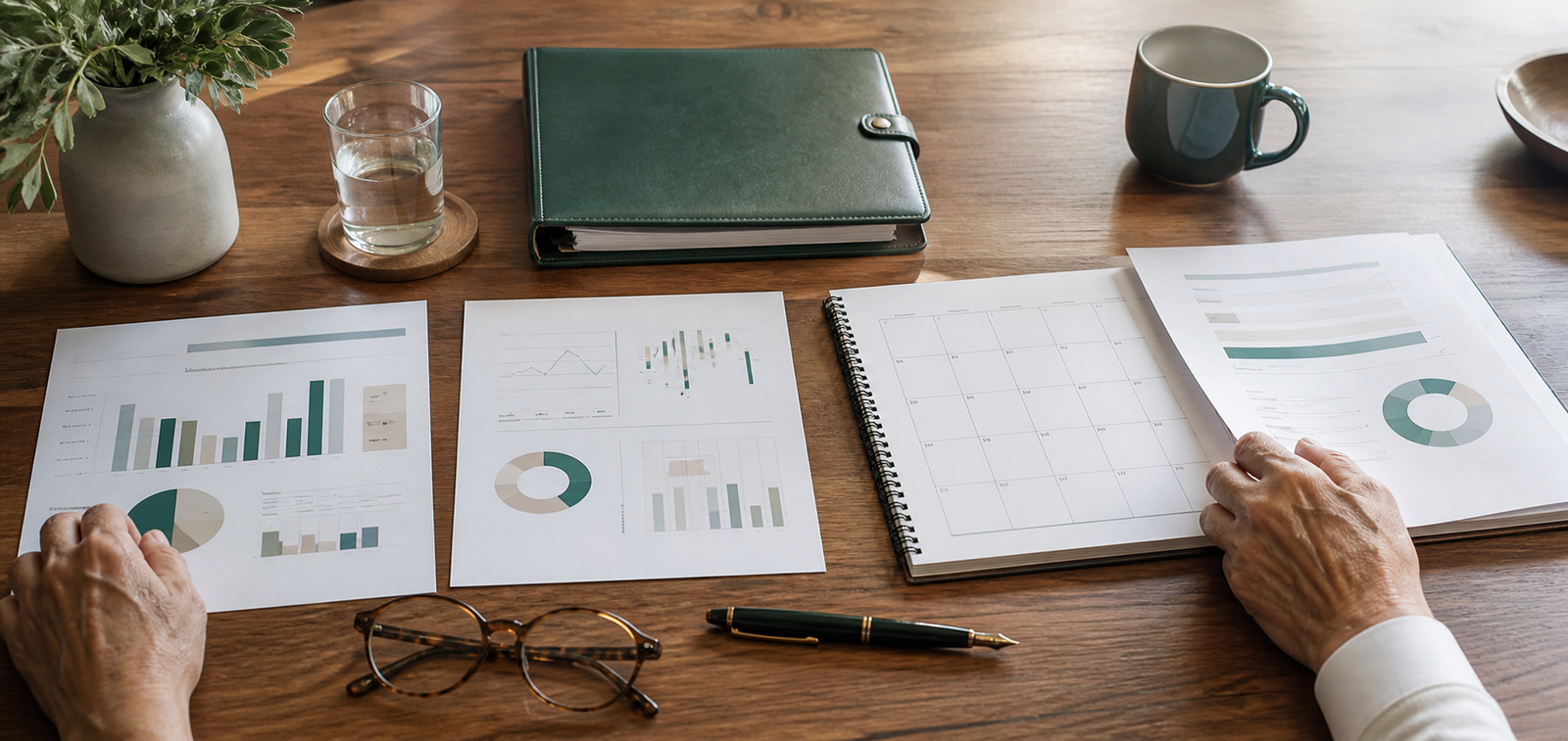 Organized financial reports, calendar and planning folder for a business exit