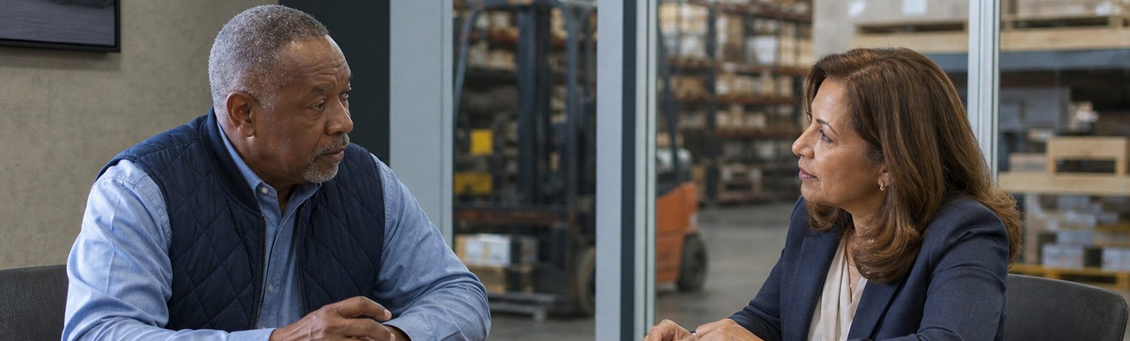Man and woman talking at a table in a workshop