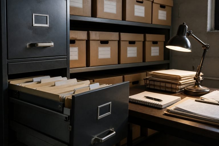 Organised office desk with filing cabinets and paperwork