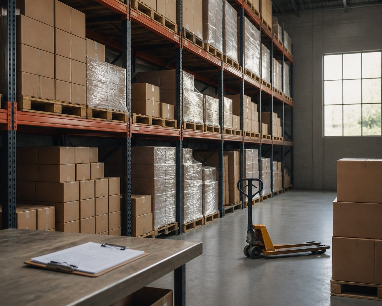 Warehouse aisle with storage shelves and a packing table