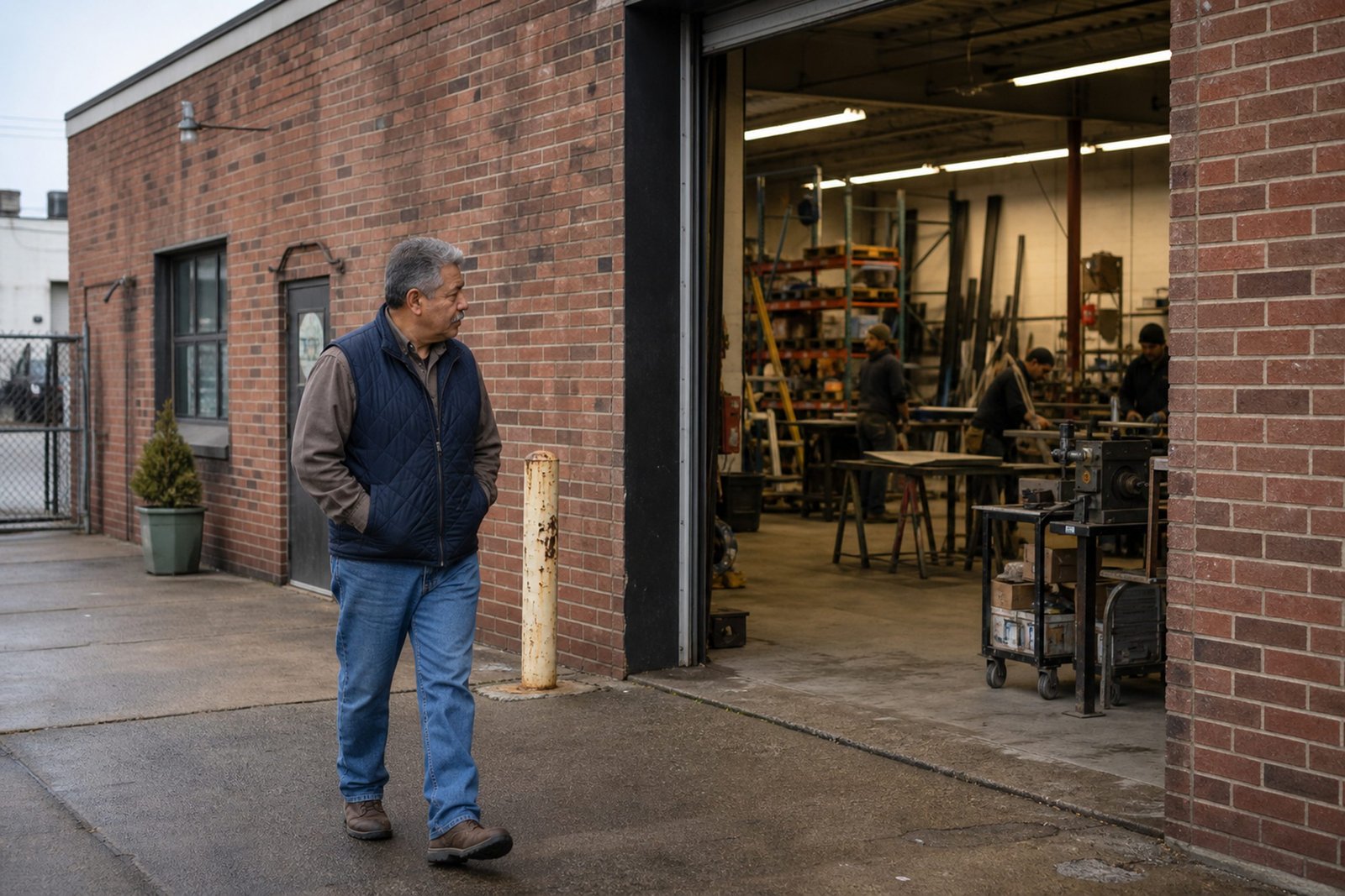 Man walking outside a workshop entrance