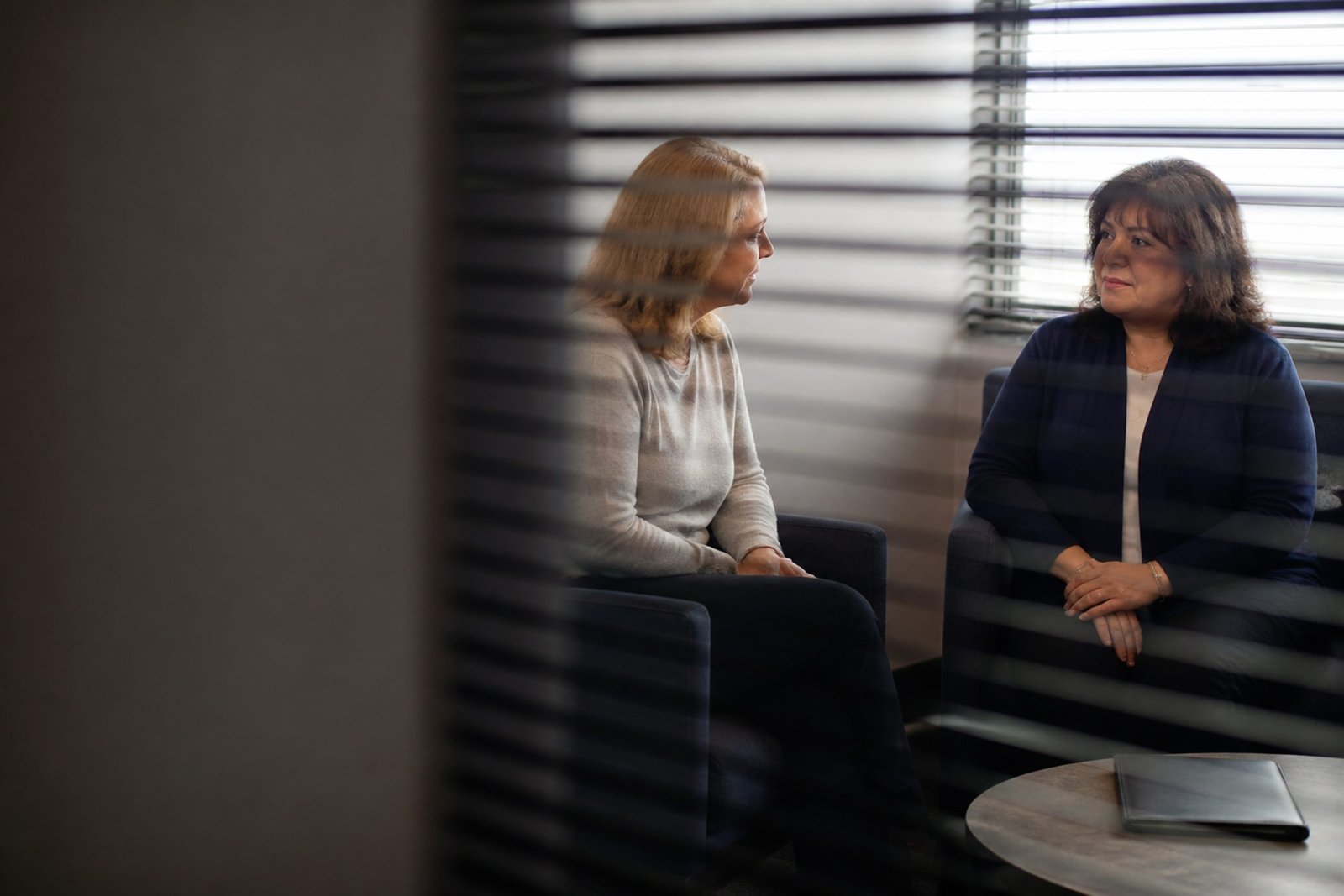 Two women talking in an office