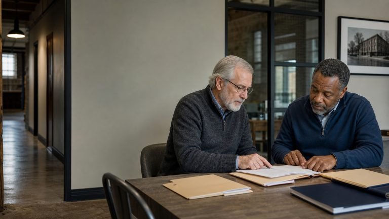 Two men reviewing paperwork at a meeting table