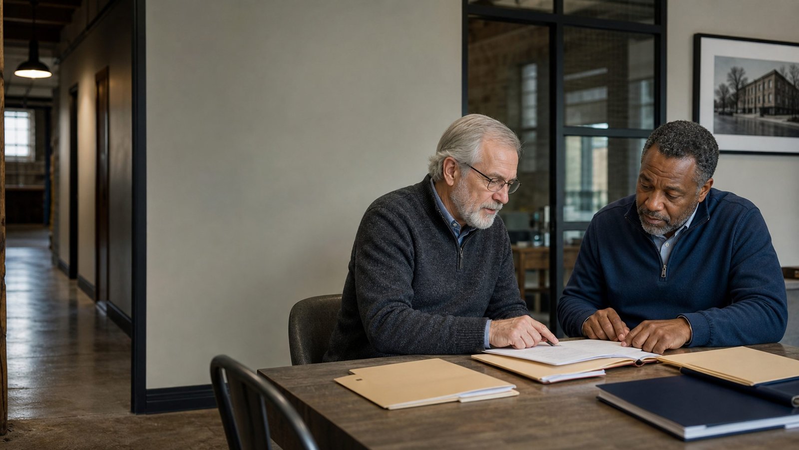 Two men reviewing paperwork at a meeting table