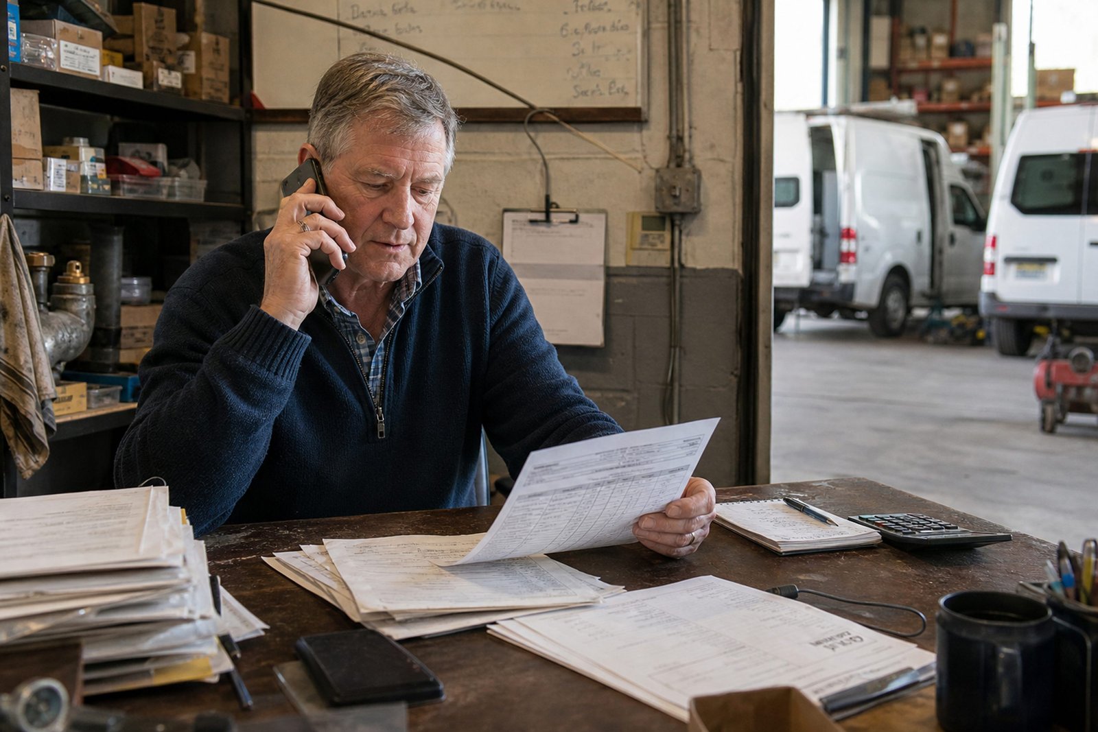 Man on the phone reviewing paperwork in a workshop