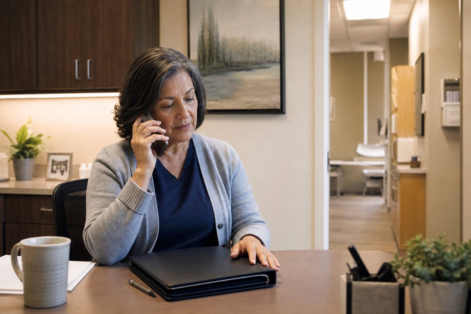 Woman on the phone at an office desk