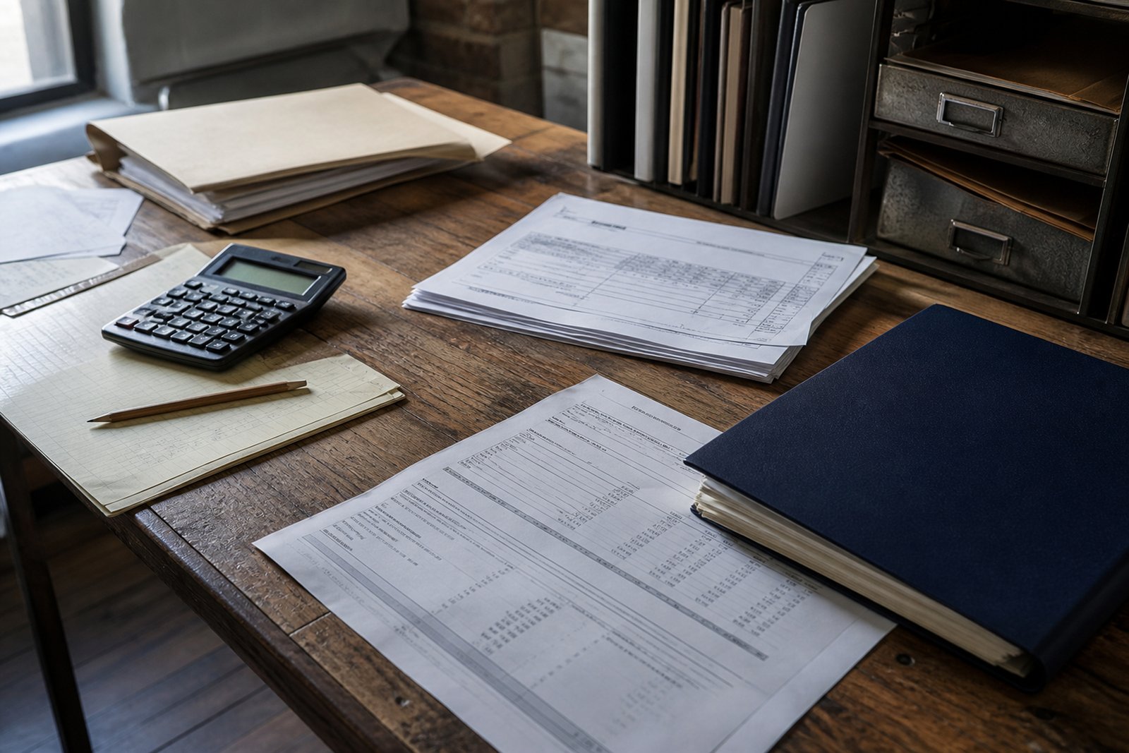 Calculator, folders and financial paperwork on an office desk