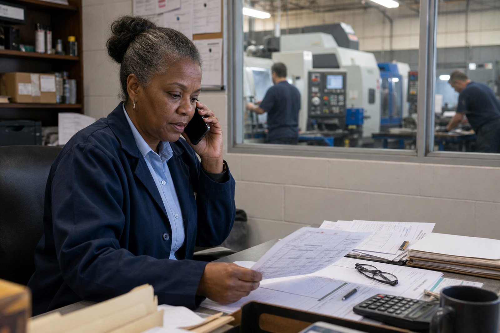 Woman on the phone reviewing paperwork at a desk