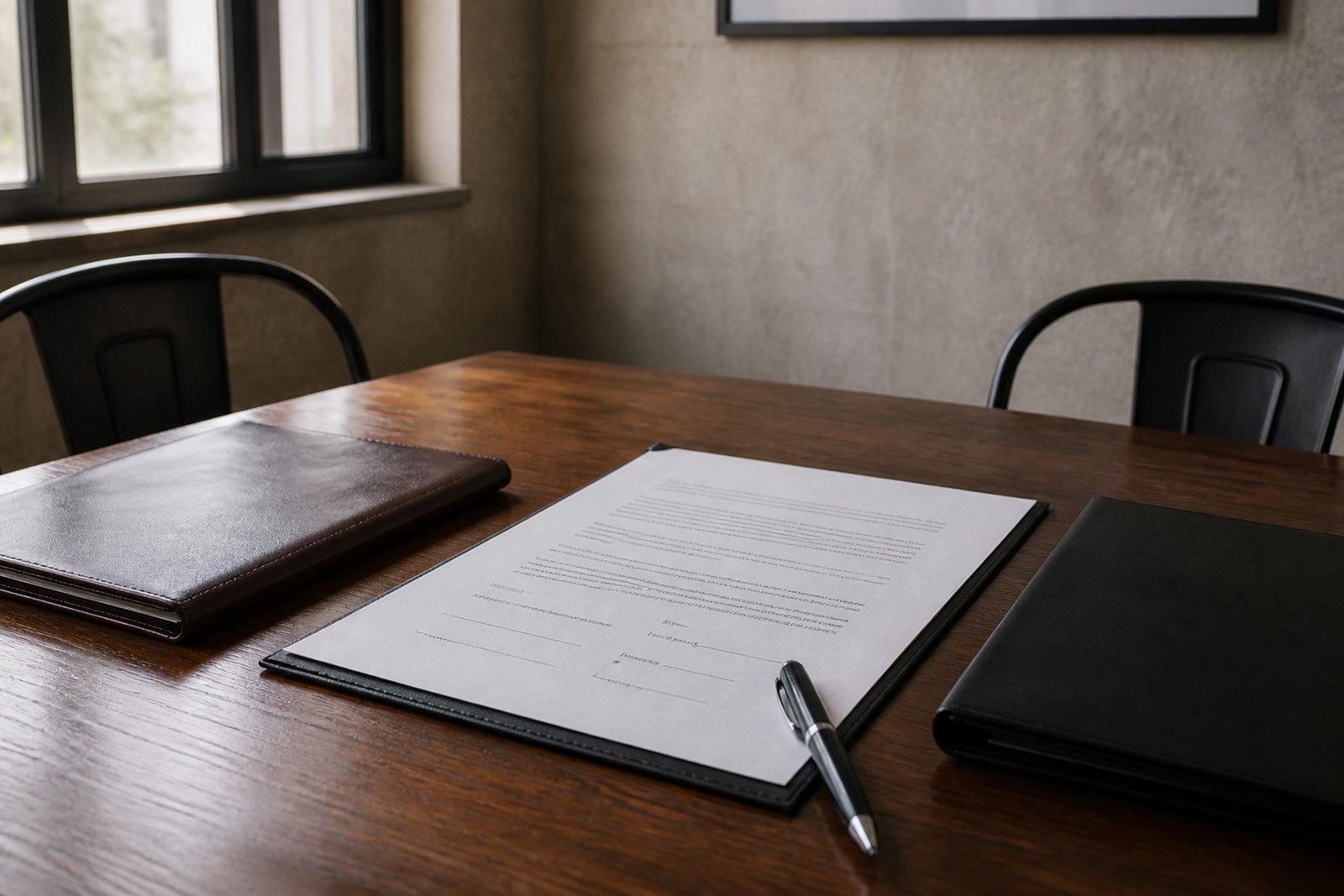 Signed paperwork and folders on a meeting table