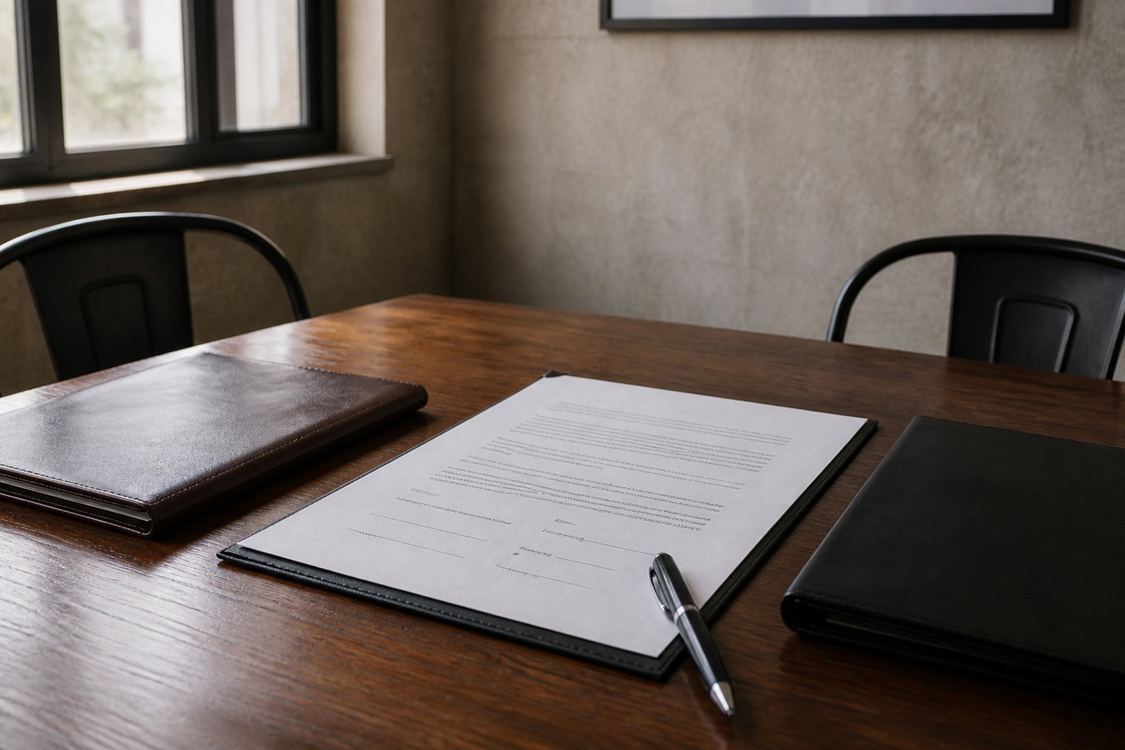 Signed paperwork and folders on a meeting table
