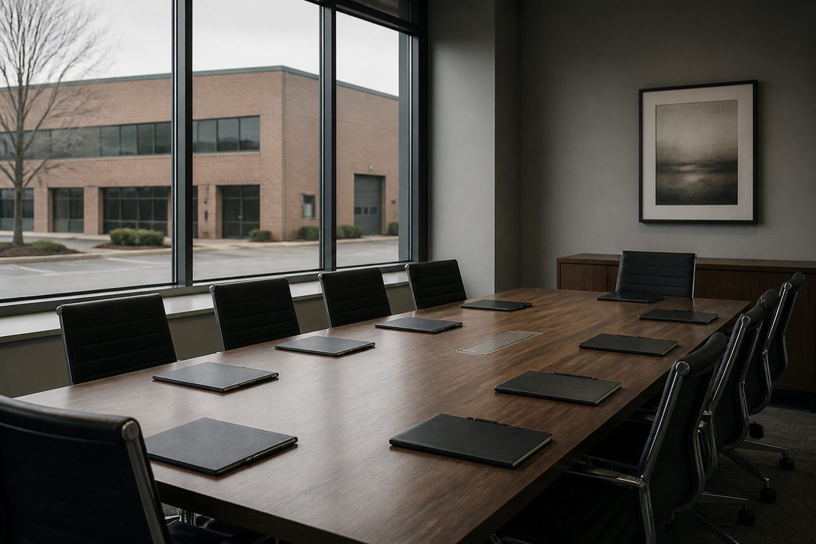 Empty conference room with a large meeting table