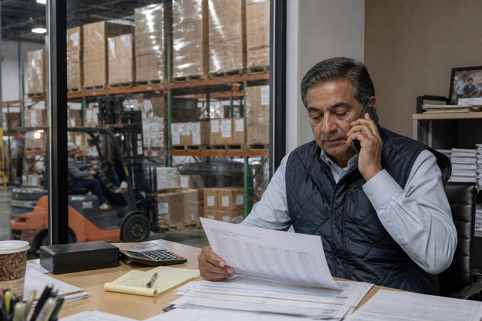 Man on the phone reviewing paperwork in a warehouse office