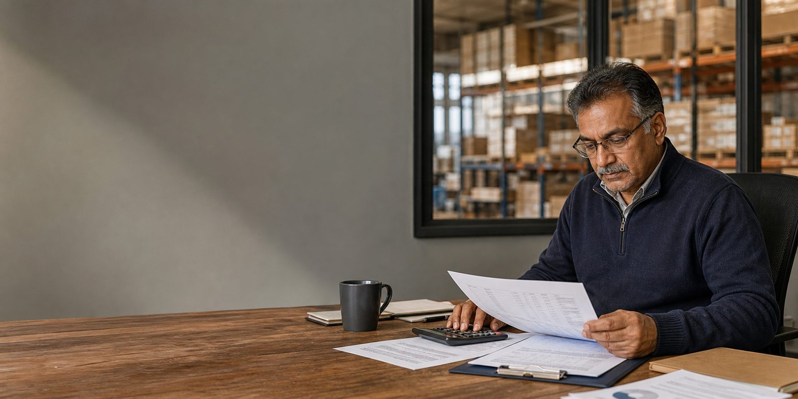 Man reviewing paperwork at a warehouse desk