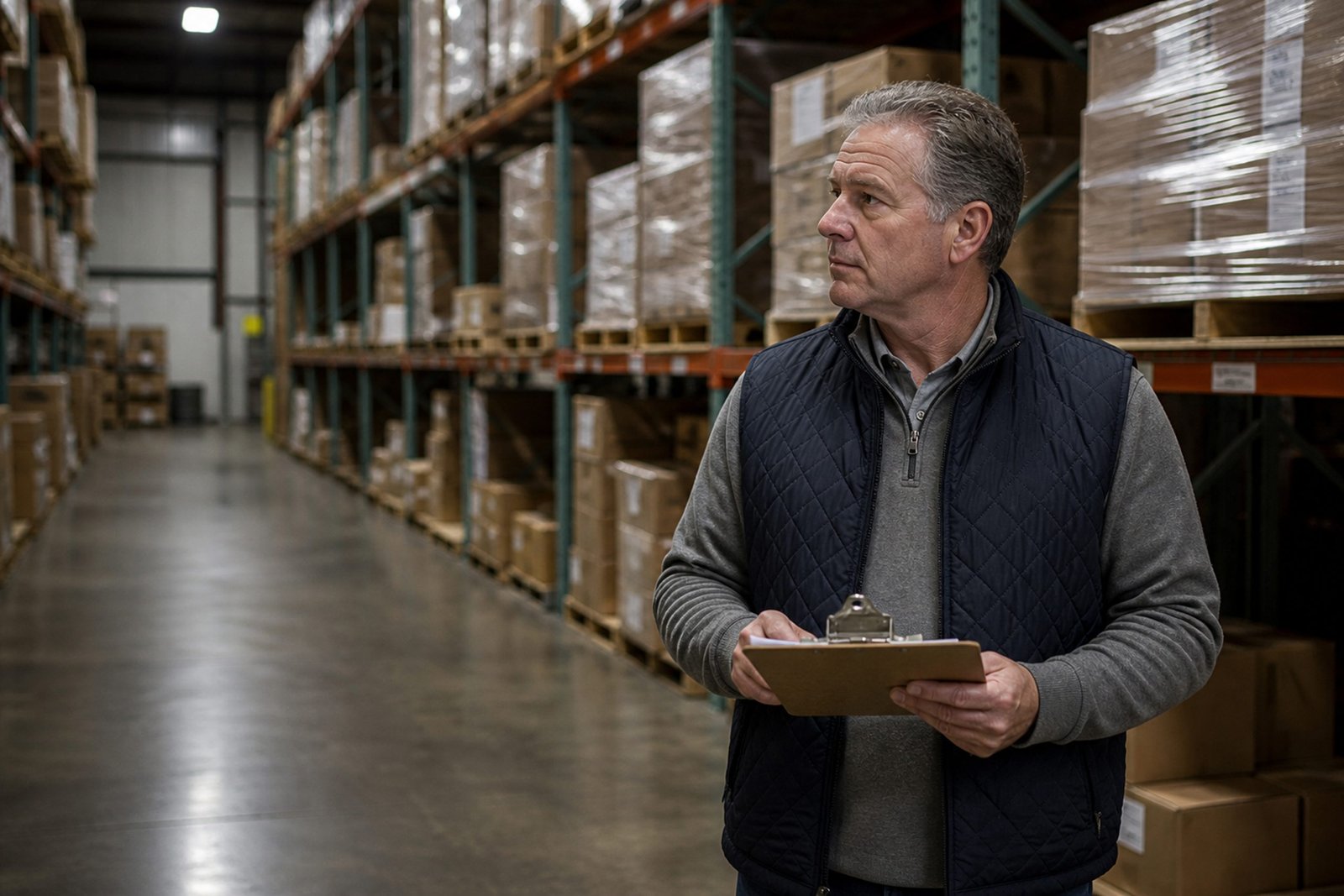 Man holding a clipboard in a warehouse aisle
