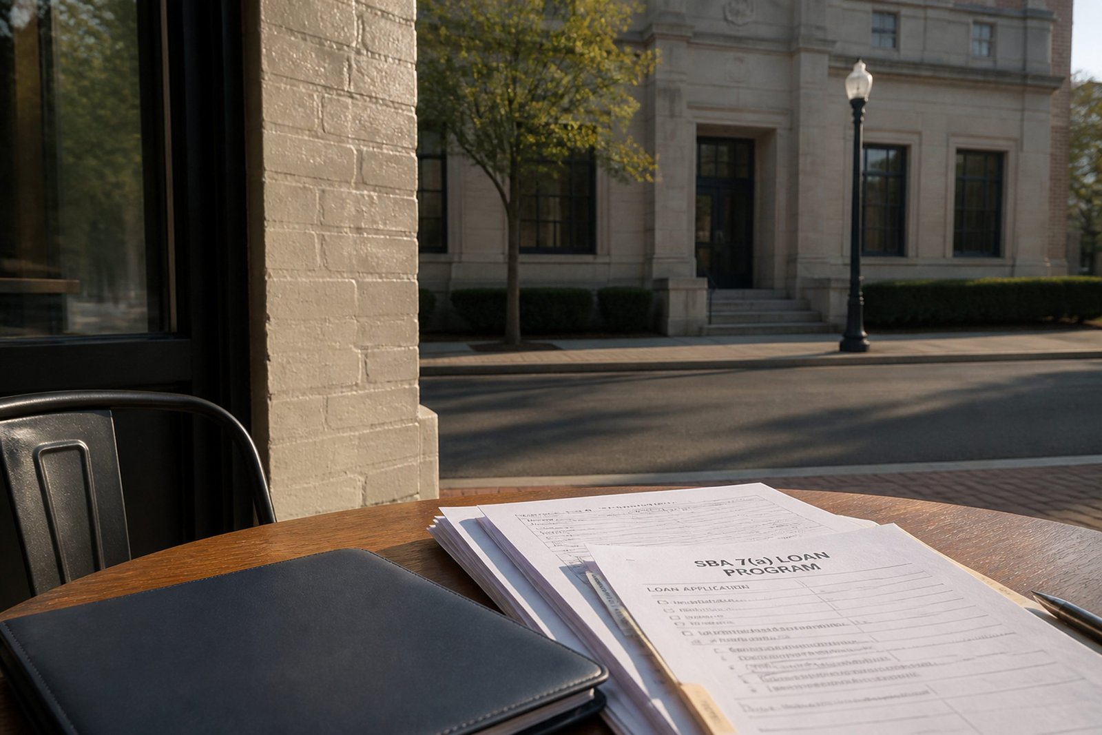 Open folder and paperwork on an office table overlooking a city street
