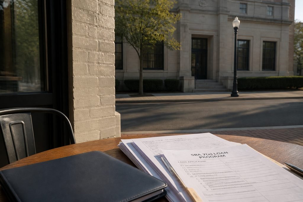 Open folder and paperwork on an office table overlooking a city street