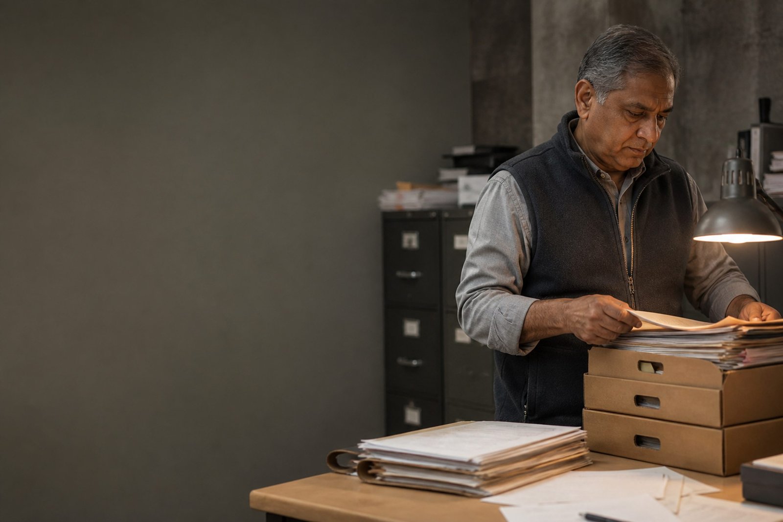 Man reviewing paperwork beside storage boxes